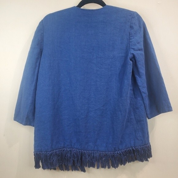 Tory Burch Emily Fringe Trim Linen Jacket Blue size 6 - Picture 6 of 6